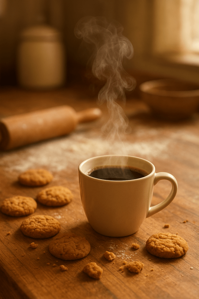  cozy kitchen scene, warm natural light, steaming cup of coffee on a wooden countertop, scattered cookies, a rolling pin, and a dusting of flour in the background, slightly messy but charming